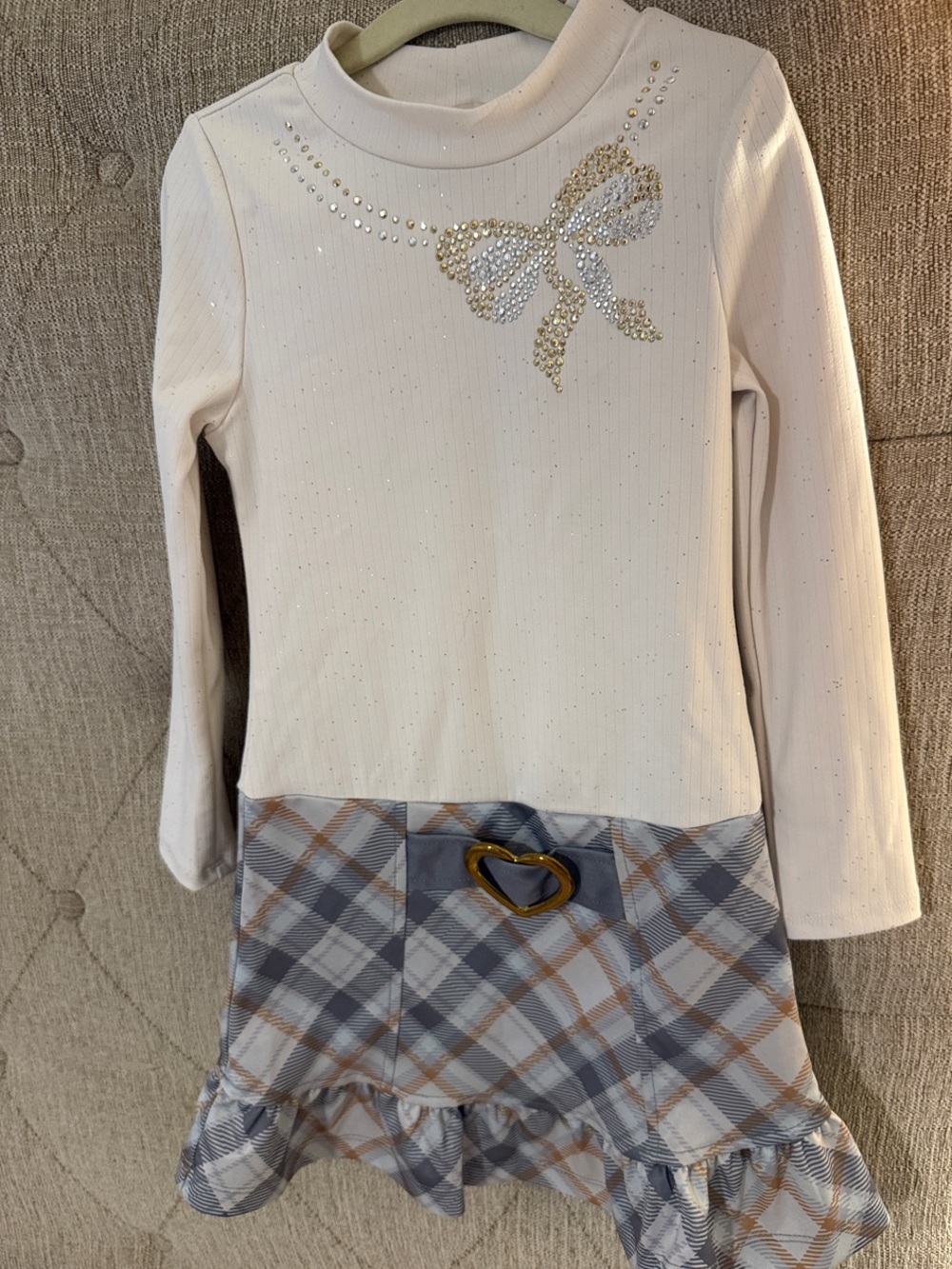 Pink & Violet Sparkle Bow Long-Sleeve Dress with Plaid Ruffle Skirt